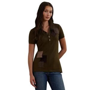 Lauren Ralph Lauren Women's Patchwork Pique Polo Top in Botanic Green, Size PS